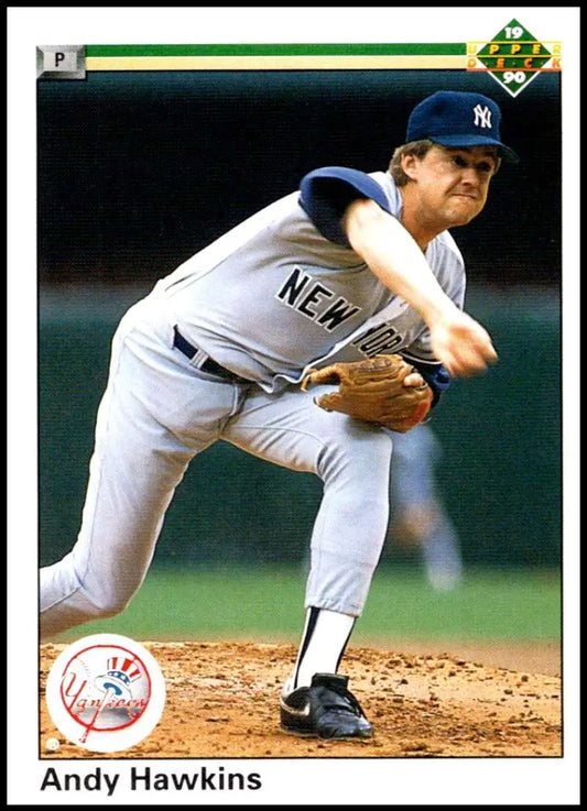 Andy Hawkins pitching in white pinstriped uniform on Upper Deck baseball card