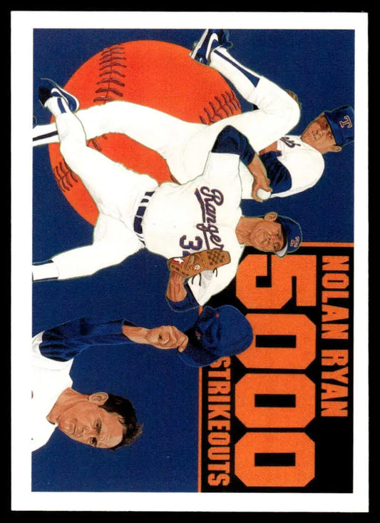Nolan Ryan Texas Rangers baseball card featuring milestone strikeout against navy backdrop