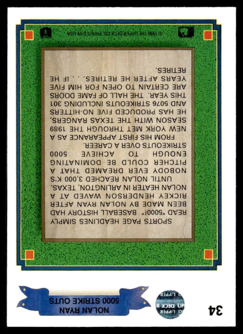Green-bordered 1990 Upper Deck Nolan Ryan card upside down for Texas Rangers fans