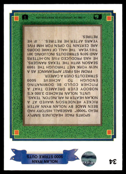 1990 Upper Deck Nolan Ryan Baseball Card with green border background
