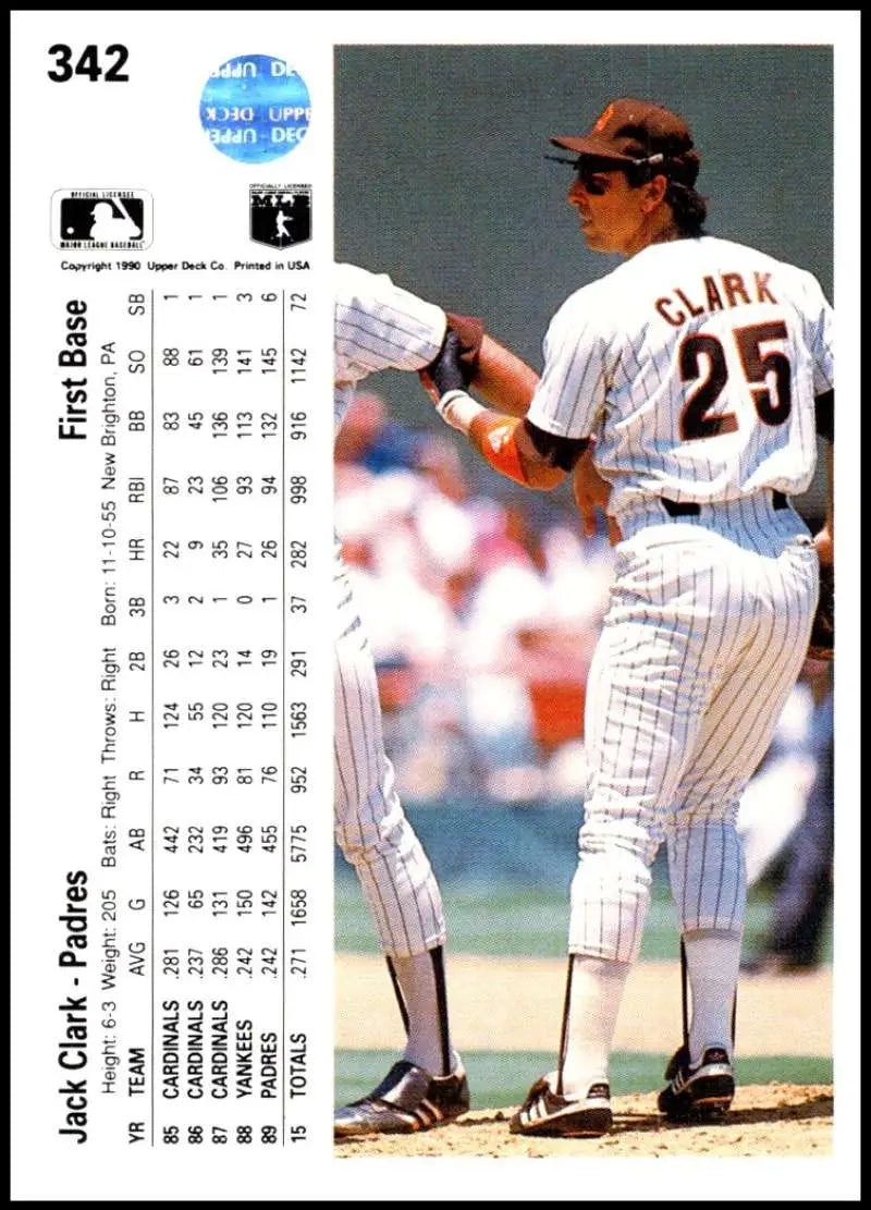 Baseball card featuring Jack Clark in San Diego Padres pinstriped uniform number 25