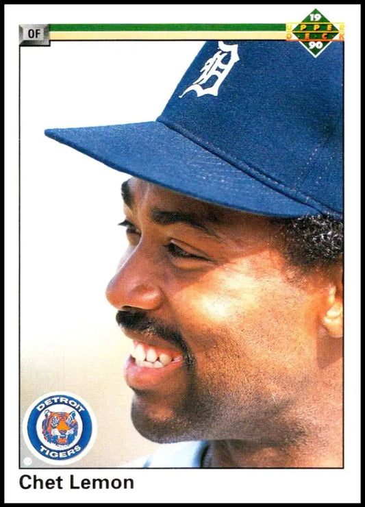 Chet Lemon in a blue Detroit Tigers cap with classic D logo on Upper Deck card