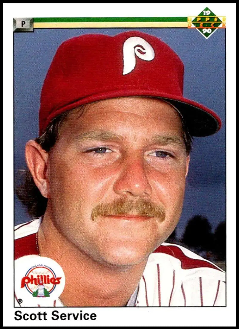 Scott Service wearing red Phillies cap and white uniform on 1990 Upper Deck card