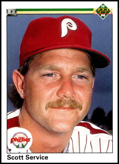Scott Service wearing red Phillies cap and white uniform on 1990 Upper Deck card