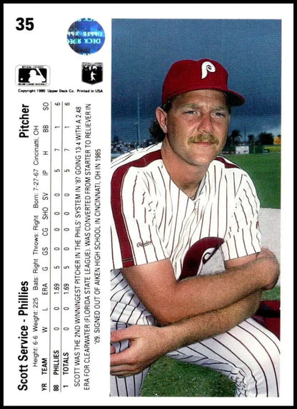 Baseball card of Scott Service in pinstriped uniform, Philadelphia Phillies UER NM-MT