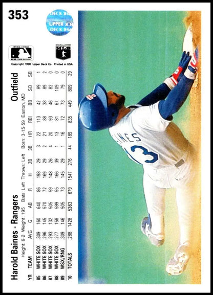 Harold Baines Texas Rangers baseball card featuring a leaping catch action shot