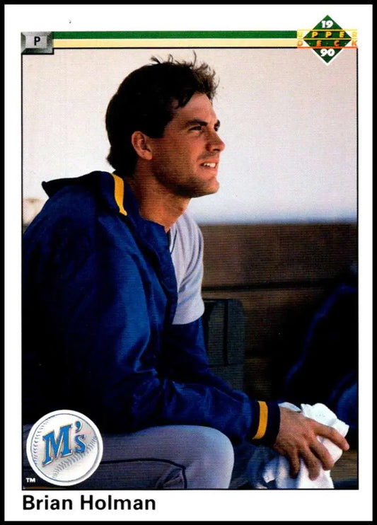 Brian Holman in a blue jacket in the dugout, Seattle Mariners Baseball Card