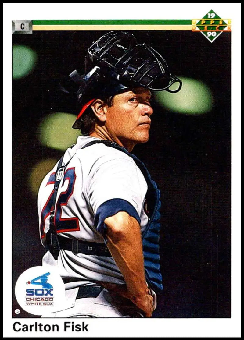 Carlton Fisk in catching gear for the Chicago White Sox, 1990 Upper Deck baseball card