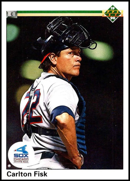 Carlton Fisk in catching gear for the Chicago White Sox, 1990 Upper Deck baseball card