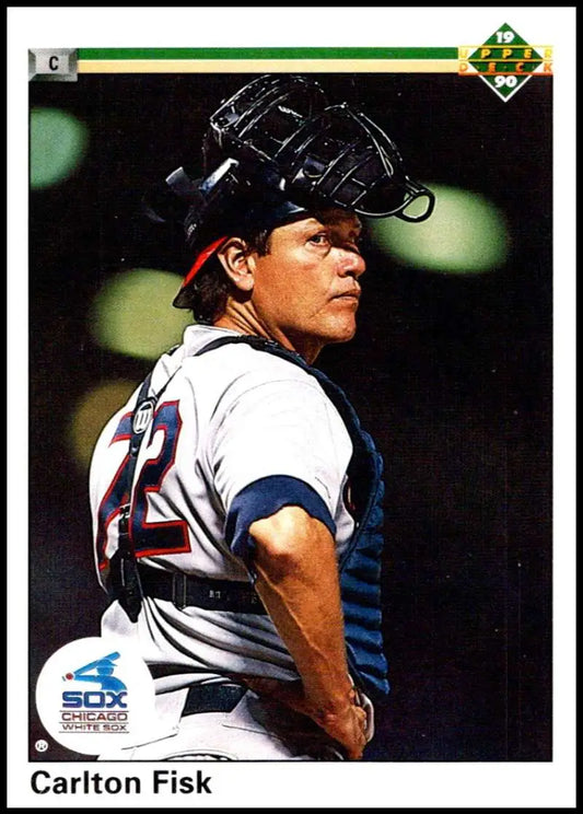 Carlton Fisk in catching gear for the Chicago White Sox, 1990 Upper Deck baseball card