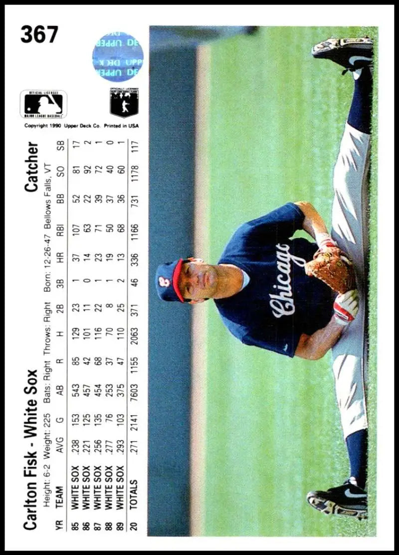 Baseball card of Carlton Fisk in dark uniform for Chicago White Sox