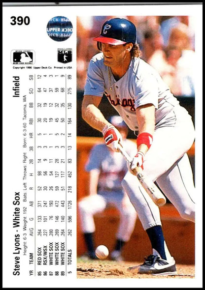 Baseball card of Steve Lyons bunting for the White Sox from Upper Deck 1990