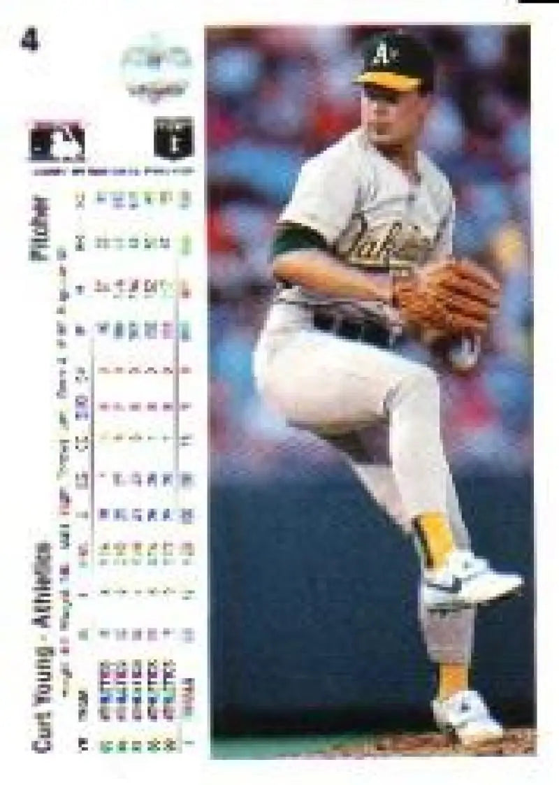 Curt Young pitching mid-delivery on a 1990 Upper Deck Oakland Athletics Baseball Card