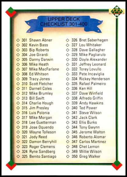 Baseball card checklist showing player names 301-350 from Upper Deck 1990 set
