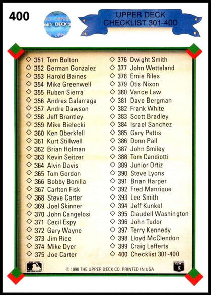 1990 Upper Deck checklist card featuring baseball players 351-400 for collectors