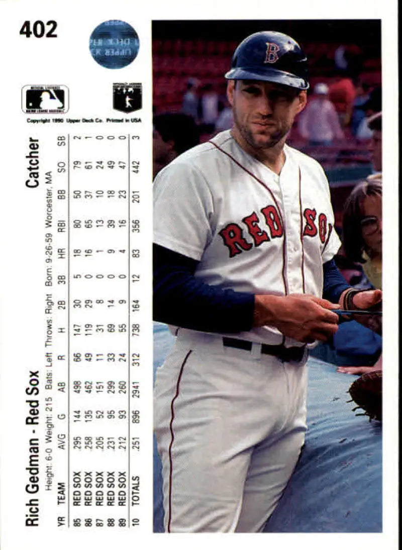 Boston Red Sox baseball card featuring Rich Gedman in home white uniform