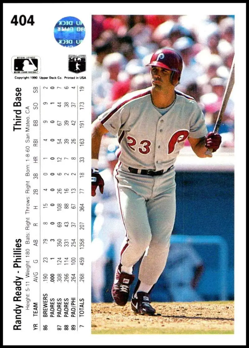 Baseball card of Randy Ready in gray away uniform for Upper Deck Philadelphia Phillies