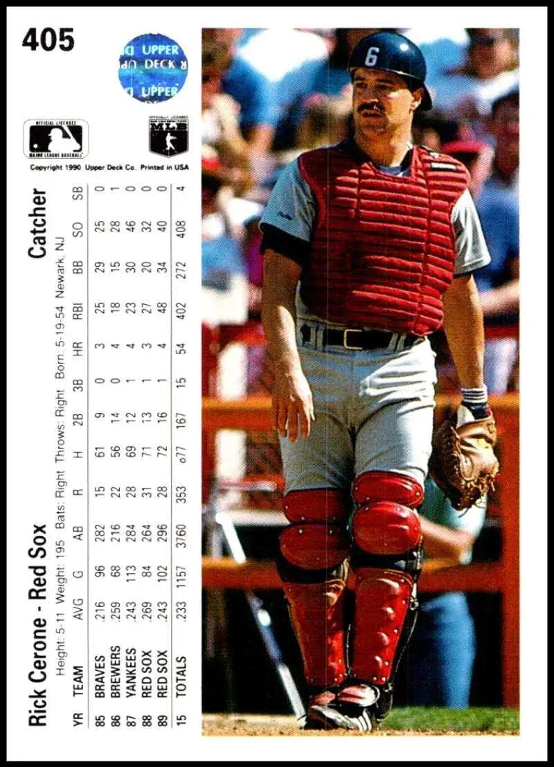 Baseball catcher Rick Cerone in red protective gear, Boston Red Sox uniform