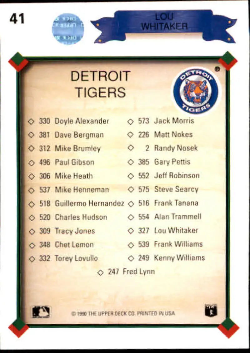 Baseball card roster featuring Lou Whitaker and Detroit Tigers player uniform numbers