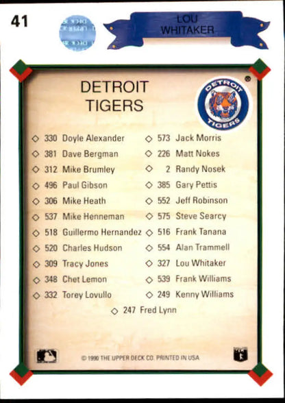 Baseball card roster featuring Lou Whitaker and Detroit Tigers player uniform numbers