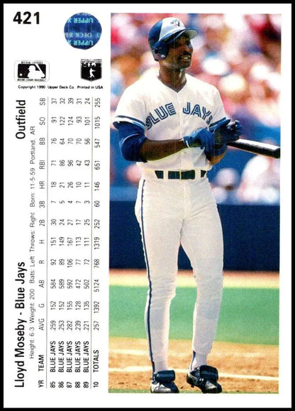 Lloyd Moseby at bat in white uniform for the Toronto Blue Jays baseball card