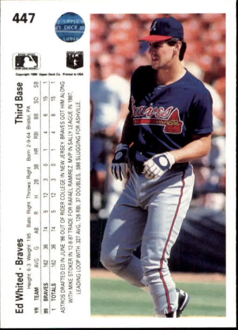 Baseball card of Rookie Atlanta Braves player in navy blue uniform, 1990 Upper Deck