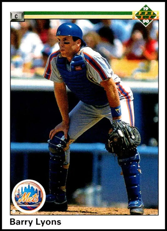 Baseball catcher in New York Mets uniform featured on 1990 Upper Deck Barry Lyons card