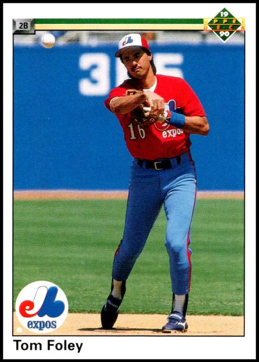Montreal Expos player Tom Foley in red jersey fielding a baseball on Upper Deck card