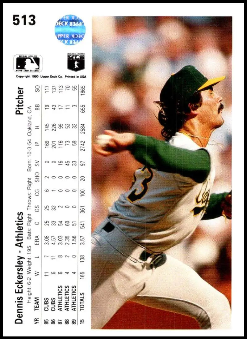 Dennis Eckersley pitching on a 1990 Upper Deck Oakland Athletics baseball card