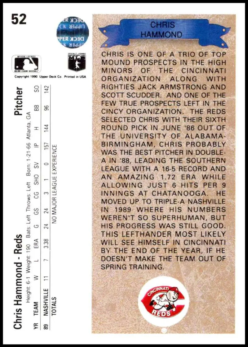 Chris Hammond UER Rookie Card featuring statistics and Cincinnati Reds logo