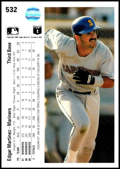 Baseball card of Edgar Martinez in a white uniform for Seattle Mariners Upper Deck