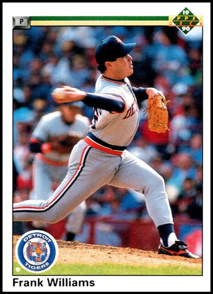 Baseball pitcher in Detroit Tigers uniform mid-delivery on Upper Deck baseball card