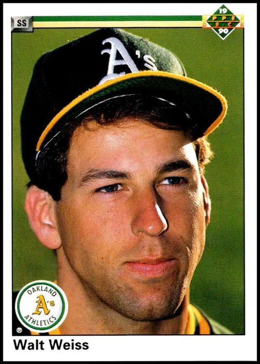 Walt Weiss Oakland Athletics baseball card featuring player in green and gold cap