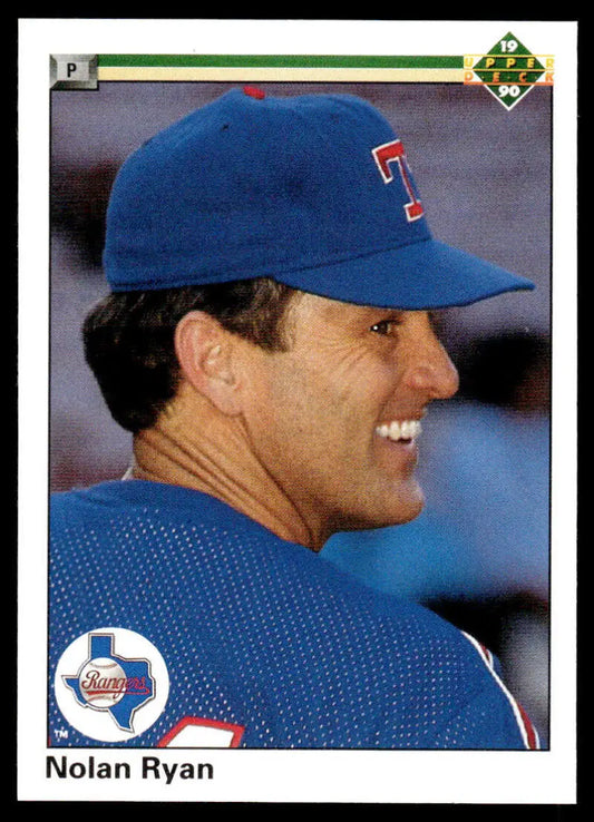 Baseball player in blue Texas Rangers cap and jersey, featuring Nolan Ryan from Upper Deck