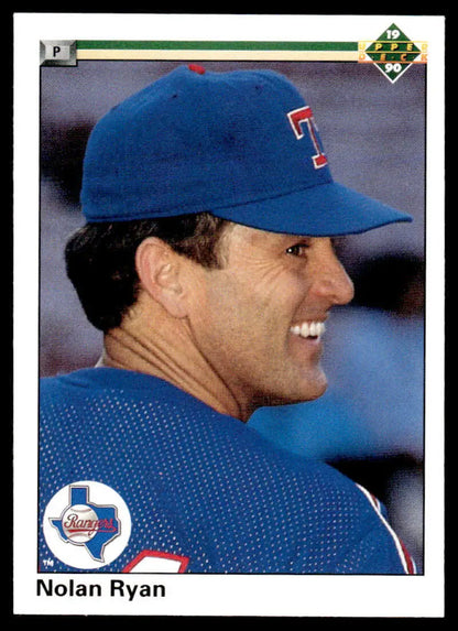 Nolan Ryan Texas Rangers player in blue cap on 1990 Upper Deck baseball card
