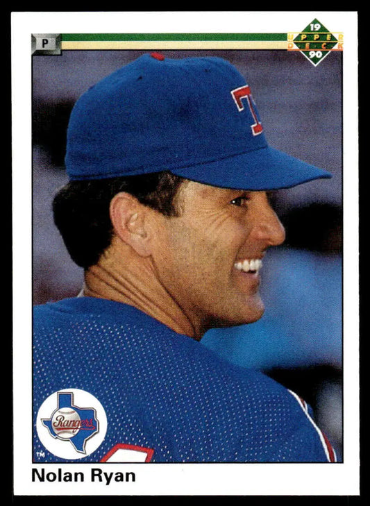 Nolan Ryan in blue Texas Rangers cap on 1990 Upper Deck baseball card image