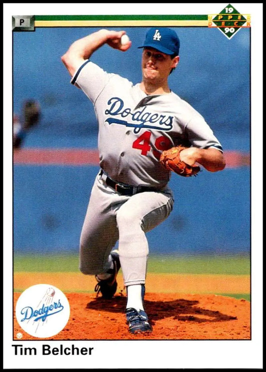Tim Belcher delivering a pitch in a Los Angeles Dodgers home uniform