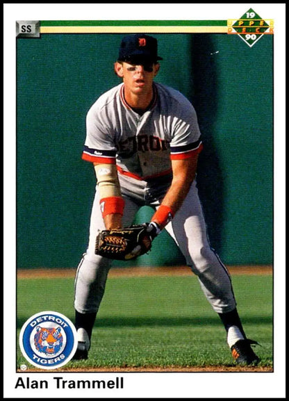 Baseball player in Detroit Tigers uniform fielding, 1990 Upper Deck card
