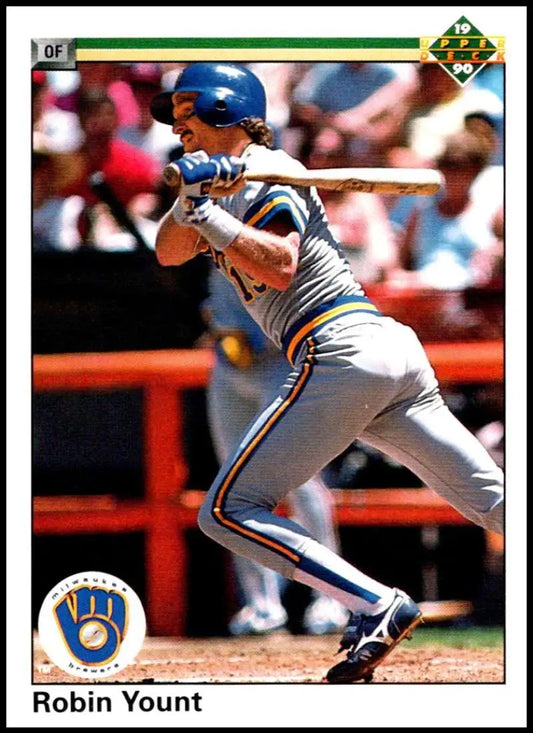 Milwaukee Brewers player Robin Yount swinging in gray uniform on baseball card