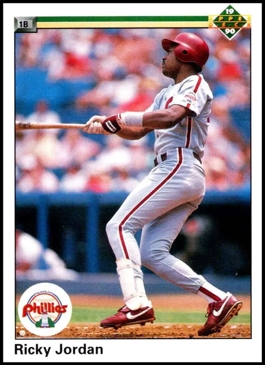 Ricky Jordan in Philadelphia Phillies uniform swinging bat on baseball card image