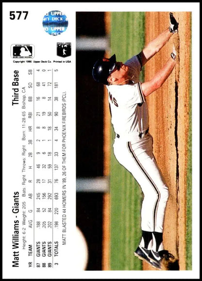 Matt Williams leaping catch along the foul line on 1990 Upper Deck San Francisco card