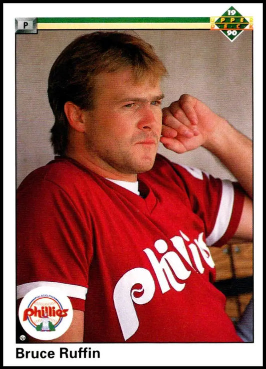 Baseball player in red Philadelphia Phillies jersey for 1990 Upper Deck Bruce Ruffin card