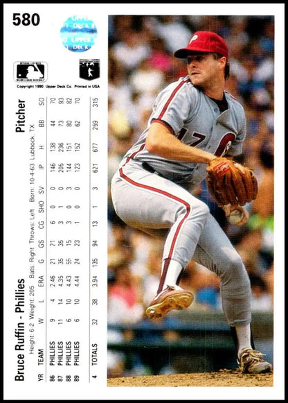 Baseball pitcher Bruce Ruffin delivers in grey Philadelphia Phillies uniform on mound