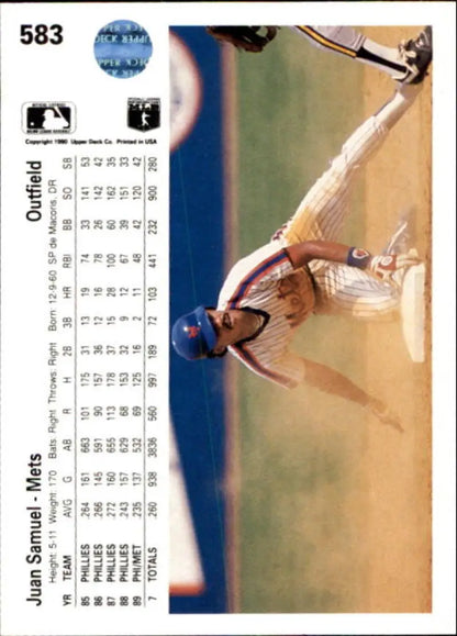Baseball card of Juan Samuel in batting stance for New York Mets 1990 Upper Deck