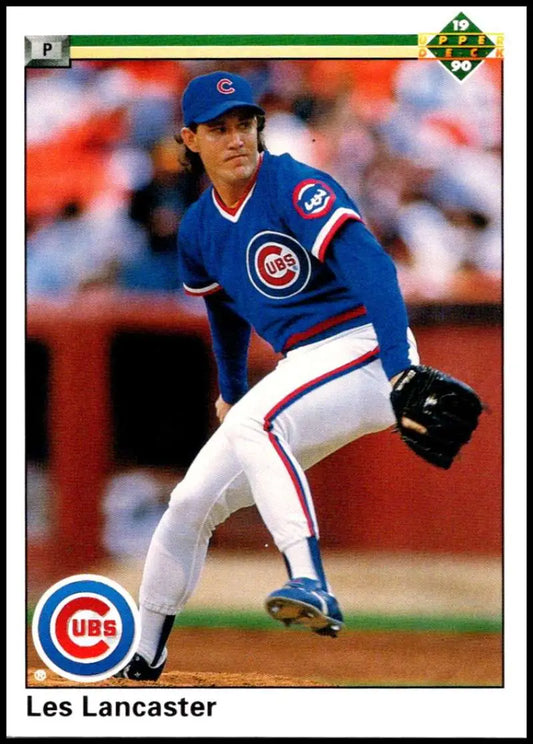 Les Lancaster delivering a pitch in Chicago Cubs uniform, featured on baseball card