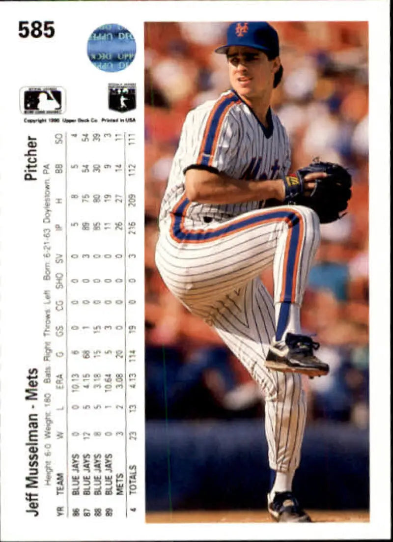 Jeff Musselman mid-delivery in pinstriped uniform on New York Mets baseball card