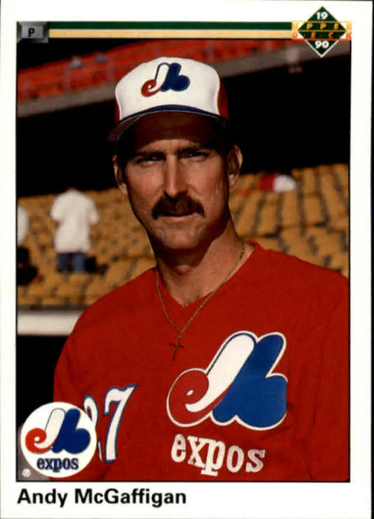 Andy McGaffigan in Montreal Expos uniform with mustache on baseball card