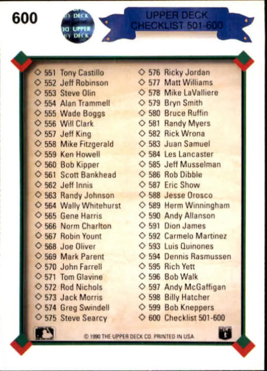 Upper Deck baseball card checklist 501-600 featuring player names and details