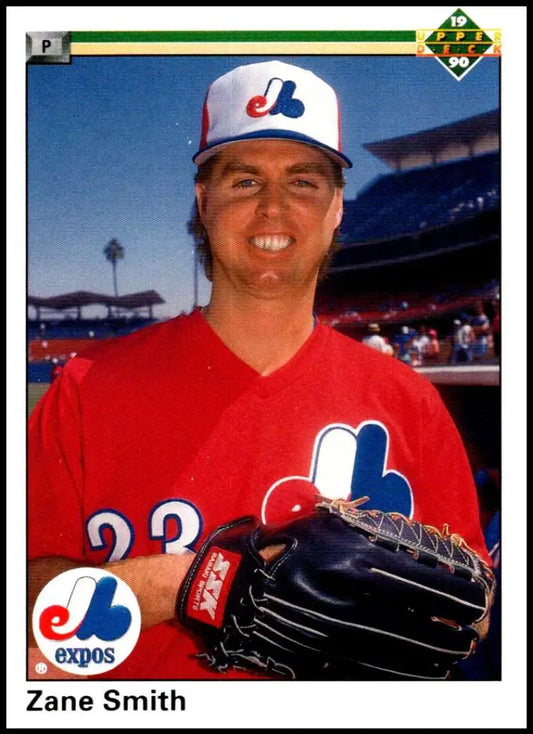 Zane Smith in red jersey with glove on 1990 Montreal Expos baseball card