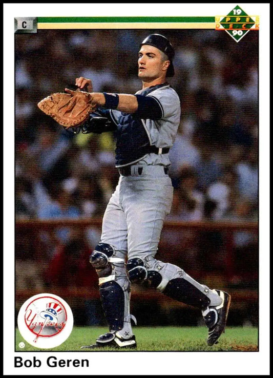 Baseball card of Bob Geren in Yankees gray uniform making a throwing motion